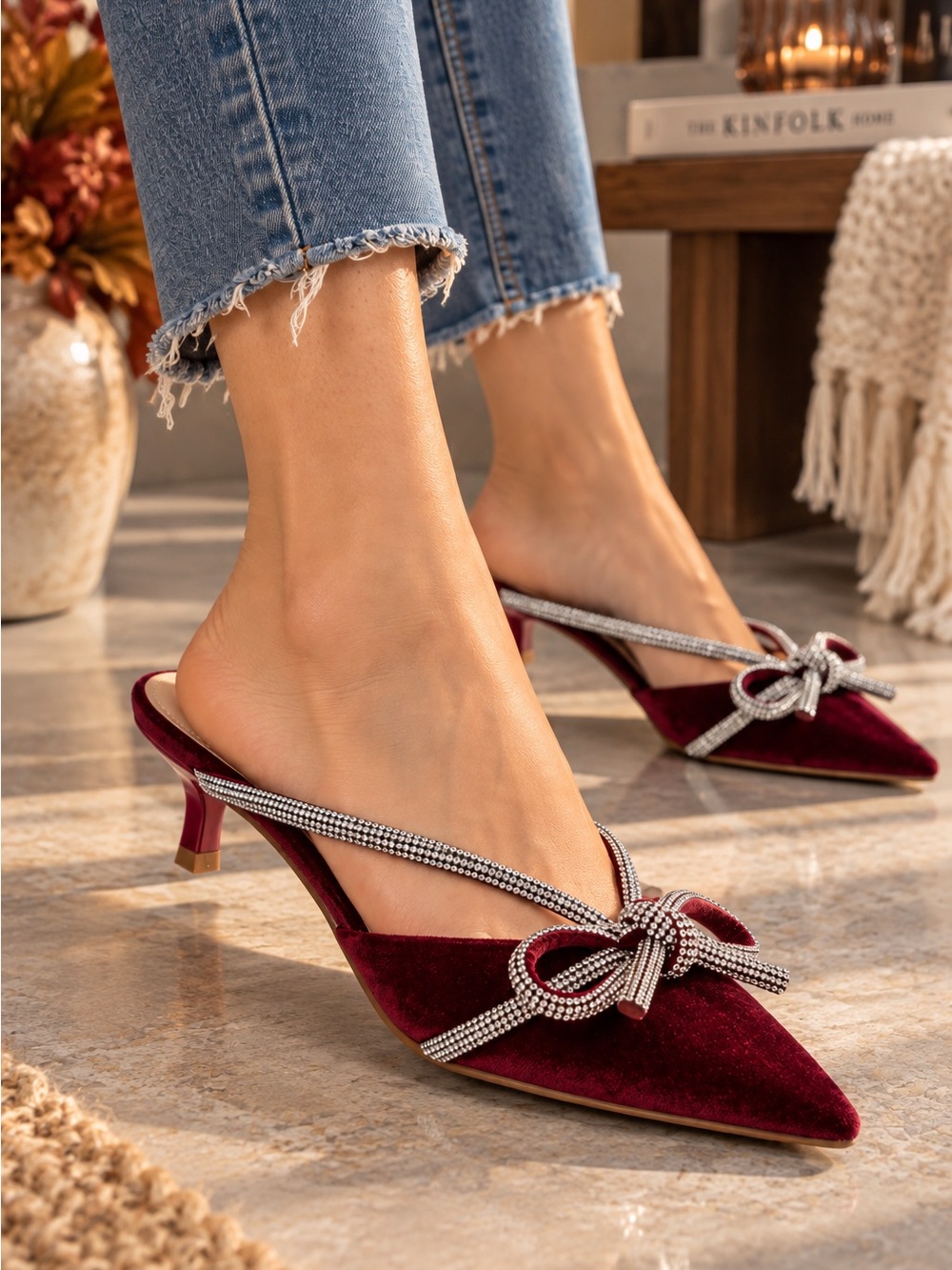 GWEN Burgundy Rhinestone Bow Heels - A New Day- NWT